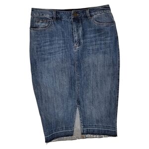 Who What Wear Pencil Midi Denim Blue Jean Skirt Front Slit Raw Hem Size 4
